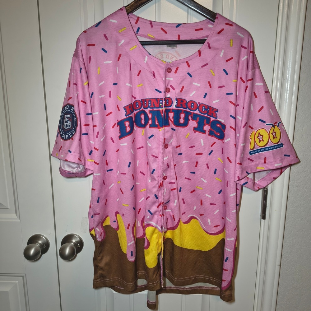 Promotional Round Rock Express Donuts Baseball Jersey Pink Sprinkles Mens XL